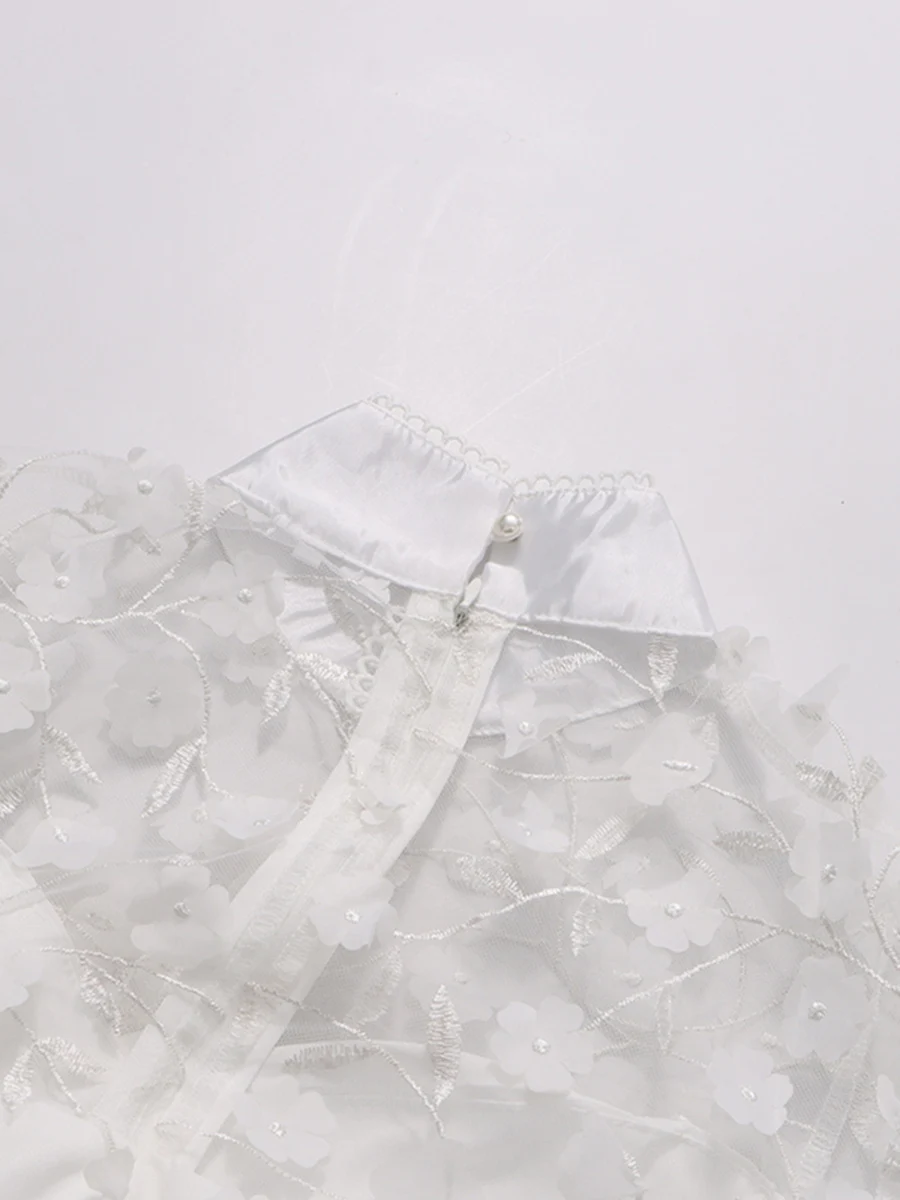 ชุดเดรสปักลายสีขาว CHICEVER สำหรับผู้หญิง คอตั้ง แขนยาว ทรงหลวม ผ้าโปร่ง แต่งผ้าต่อกัน ดีไซน์หรูหรา แฟชั่น