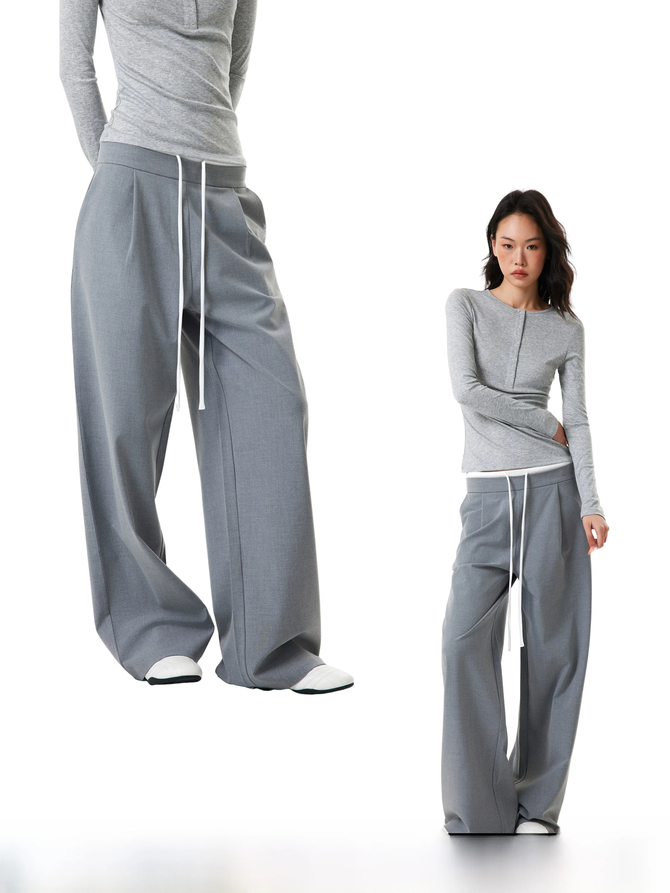 

ey Elastic High Waist Wide Leg Spor Casual Pants Women Spring New Loose Slim Straight Leg Trousers Comfortable Faion