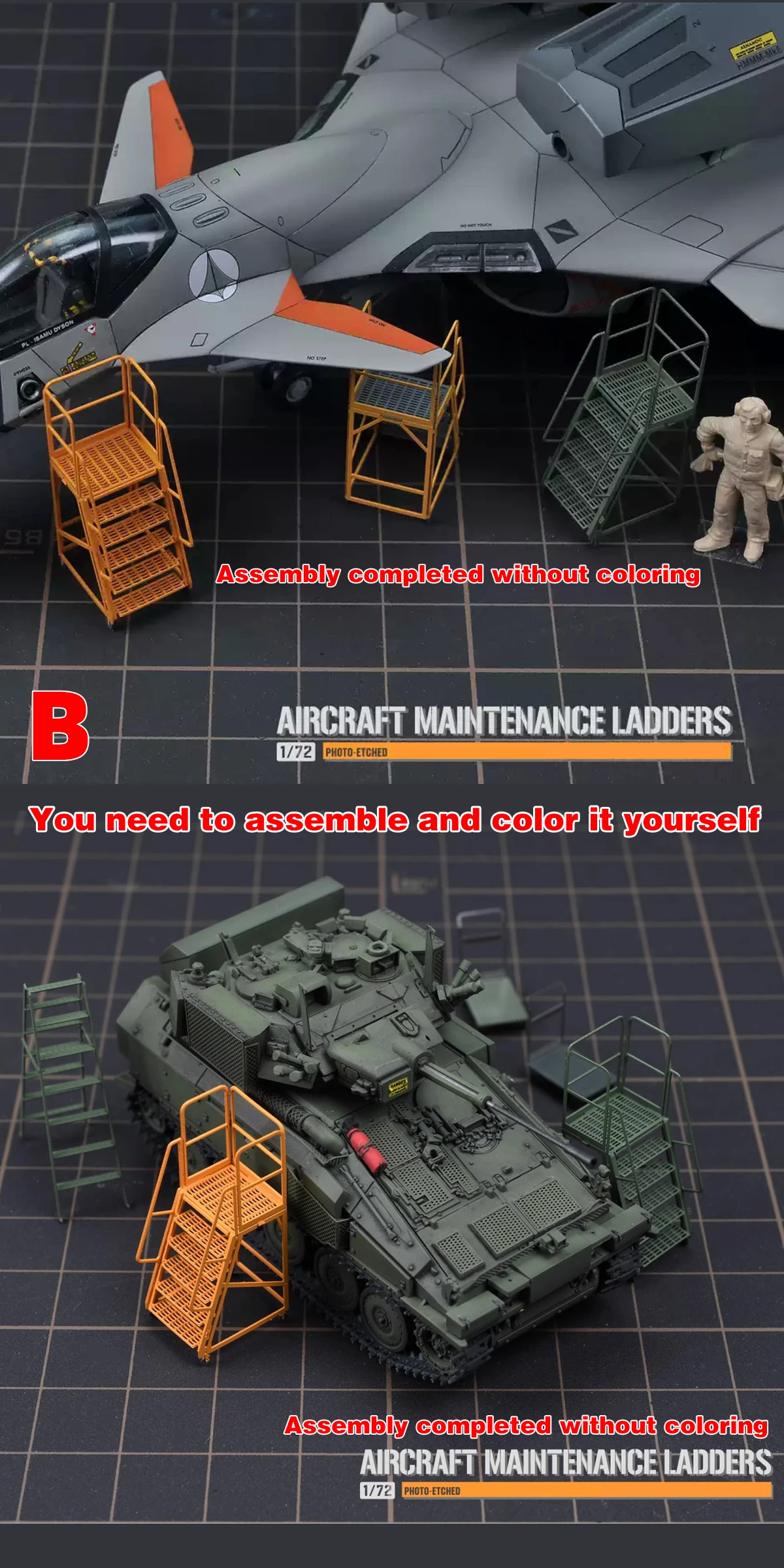 1/72 PE Flugzeugmodell-Bausatz Wartungsleitern Kletterleiter Wagenklappleiter Gerüst Sandtisch Diorama-Modelle – Detail 12