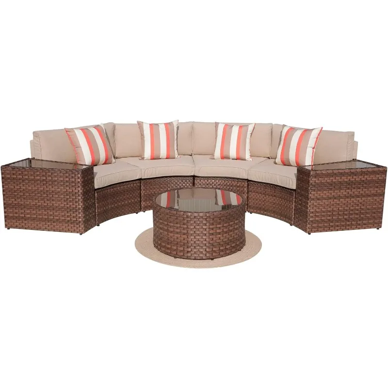 

Outdoor 7-Piece Half-Moon Sectional Furniture Set with Round Coffee Table, Patio Curved Sofa Set, Beige Cushion