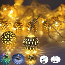 USB/Battery Operated LED Golden Moroccan Ball String Lights Garland for Indoor Home Bedroom Party Wedding Christmas Tree Decor