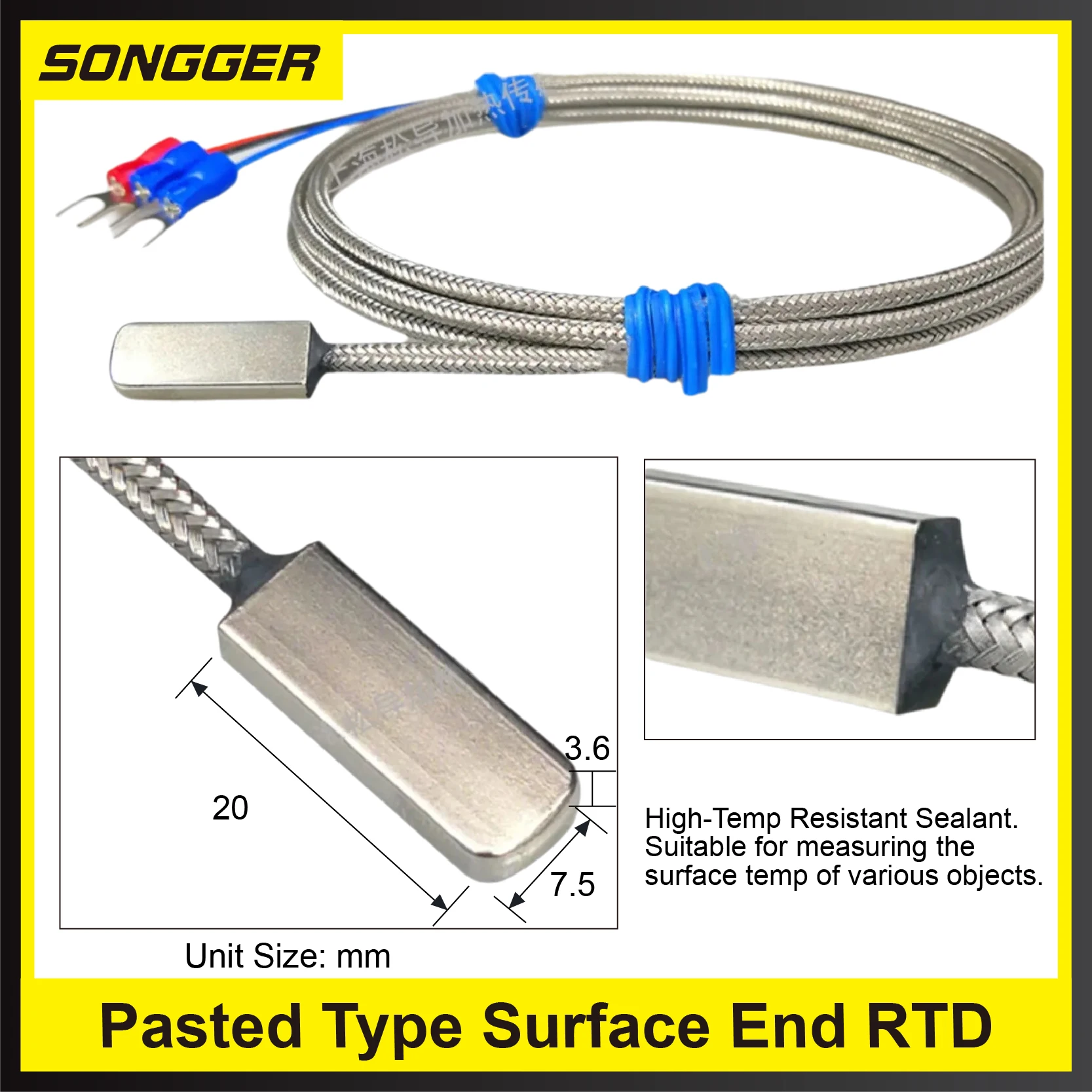Industrial Pasted Type Surface End RTD Temperature Sensor Pt100 Probe High Accuracy Adhesive No Hole Stainless Steel Braid Cable