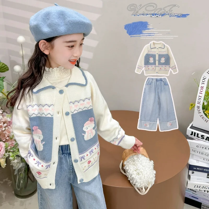 

Girl Clothes Set Size 2-9Y Kid Denim Coat Top+Jeans Bottom Suit Child Clothing Sets Toddle Girl Casual Snow Man Cartoon Outwear