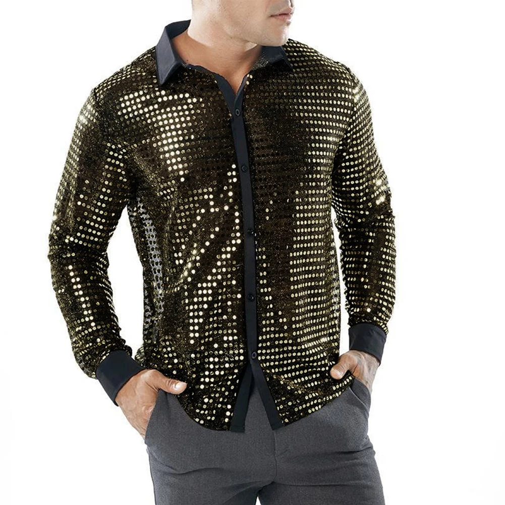 New Men's Shiny Sequins Single Breasted Shirts Long Sleeve Lapel Collar Stage Dance Retro 70s Disco Bling Shirt Man Tops