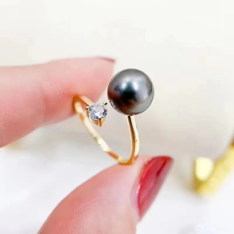 RY Solid 925 Sterling Silver Round 9-10mm Dyed Fresh Water Black Pearls Rings for Women Fine Birthday Presents