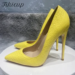 Tikicup Yellow Crocodile Effect Women Pointy Toe High Heel Sexy Party Shoes Ladies Designer Stiletto Pumps Plus Size 33 44 45