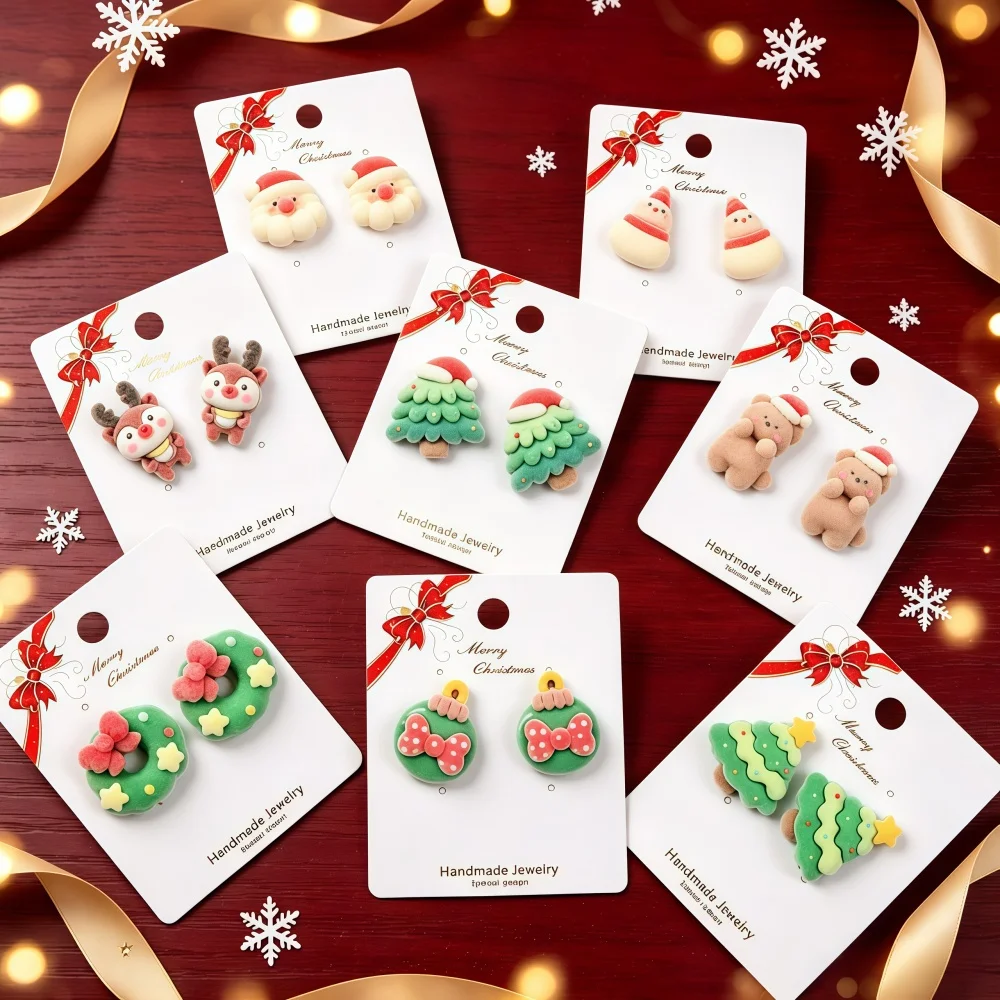 12Pairs/Lot New Fashion Cute Christmas Flocked Stud Earring Set For Women Snowman Christmas Tree Mix Style Holiday Party Jewelry