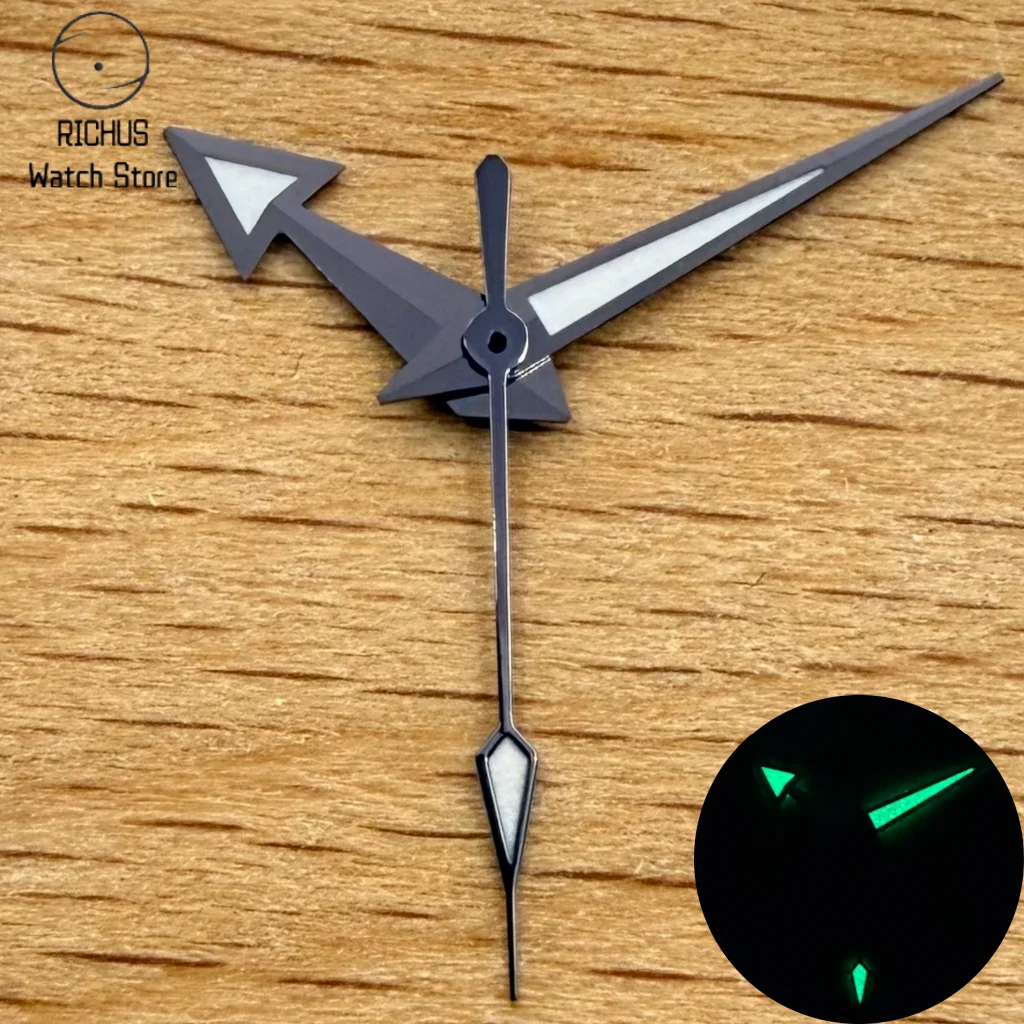 VH31 Watch Hands Set Gunmetal Silver Green Luminous 8x12x12.5mm Arrow Hands for Sweep Second Quartz Movement Repair Parts