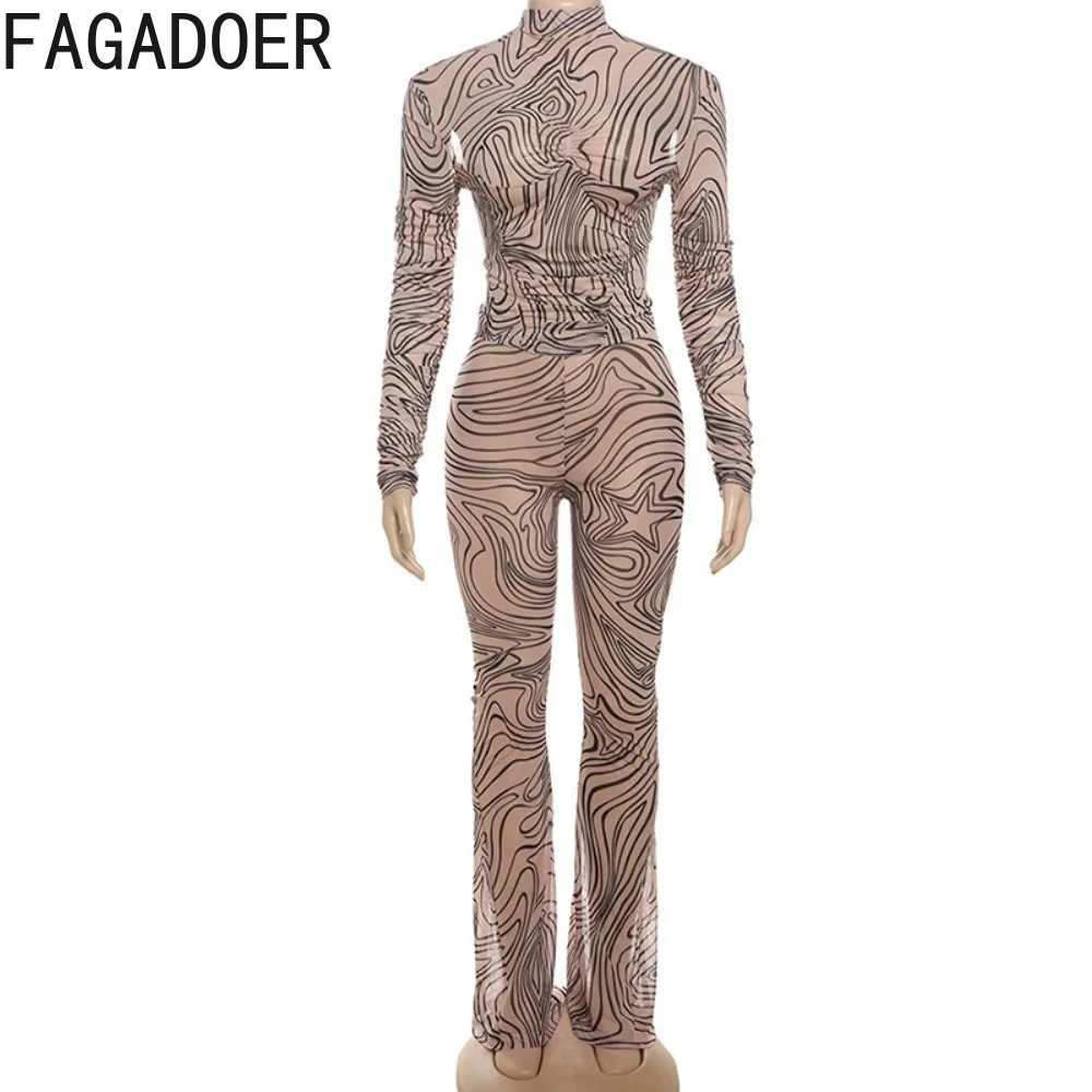 FAGADOER Fashion Mesh perspektywa drukowanie Bodycon jednoczęściowe kombinezony damskie wokół szyi z długim rękawem Slim Clubwear Playsuit 2024