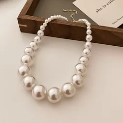 Elegant Big Imitation Pearl Necklace French Style Bow Choker Necklace Light Luxury Bride Clavicle Chain Party Wedding Jewelry