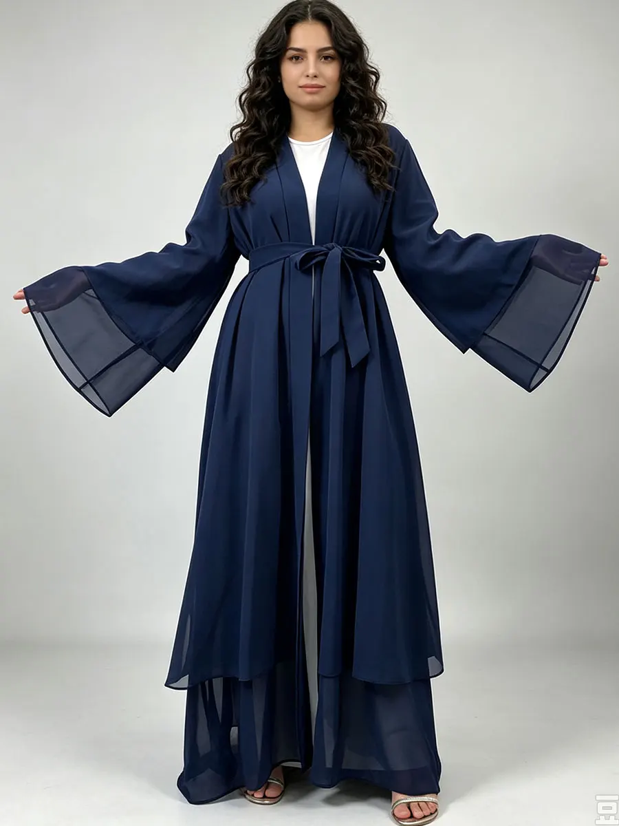 Fashion Chiffon Abaya for Women Double Layer Chiffon Long Muslim Cardigan Flare Sleeve With Side Sash Dubai Modest Kaftan