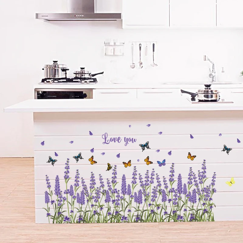 Purple lavender butterfly decorative baseboard, cabinet, children's room, PVC material removable wall sticker