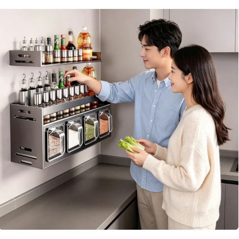 Estante de Especias de Acero Inoxidable para Montar en la Pared, Organizador Multifuncional para Almacenamiento de Condimentos en la Cocina del Hogar