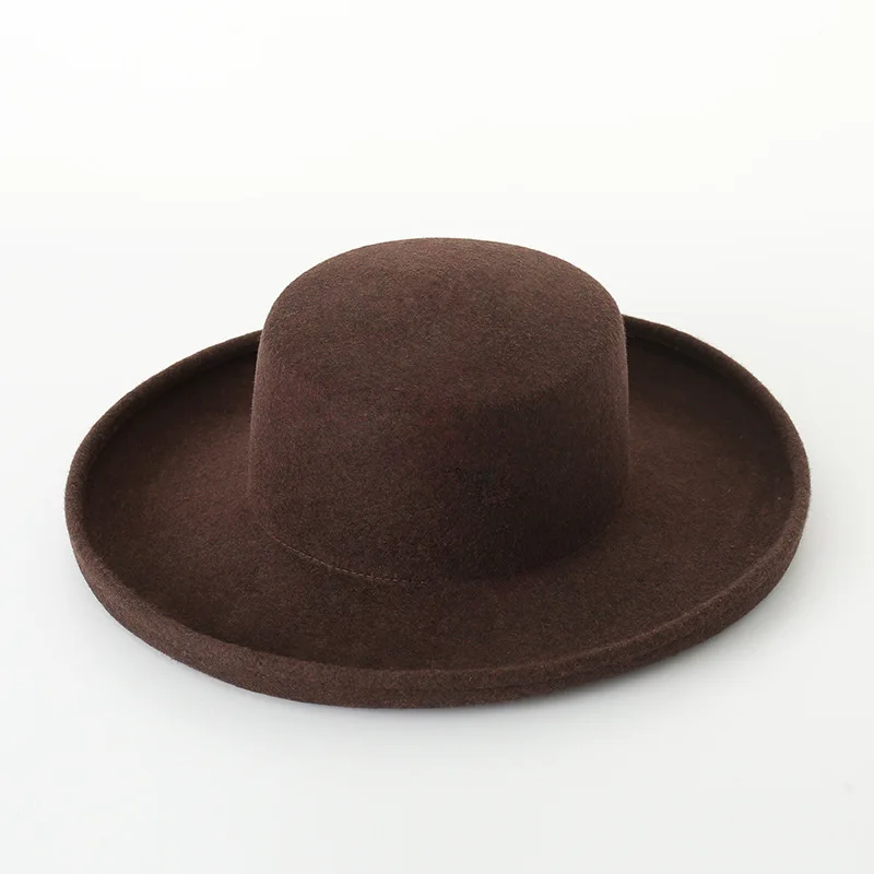 Classical Boater Hat Flat Top Hats Warm Winter Wool Fedora Hats for Women Men Up Brim Derby Performance Stage Church Ladies Hat