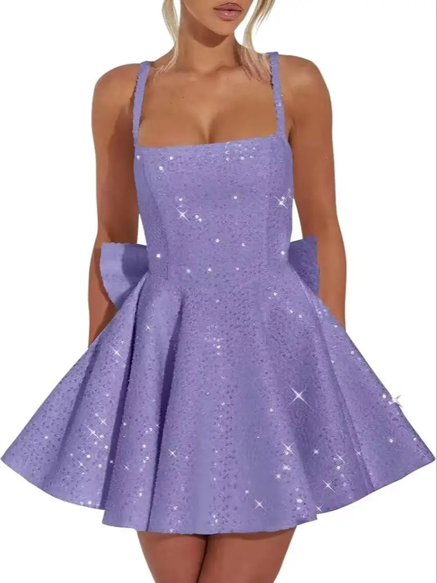 

Платья для встречи выпускников с блестками Короткое платье для выпускного вечера с квадратным вырезом и бантом на тонких бретельках Коктейльное платье Выпускное платье