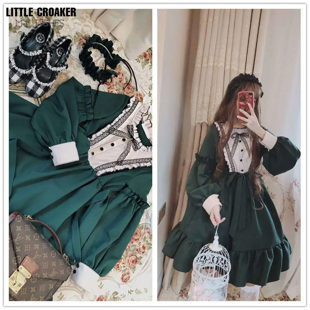 Dolce cameriera retrò in raso costume da festa di Halloween ragazza kawaii gotico vittoriano inghilterra abito Downton Abbey verde Lolita