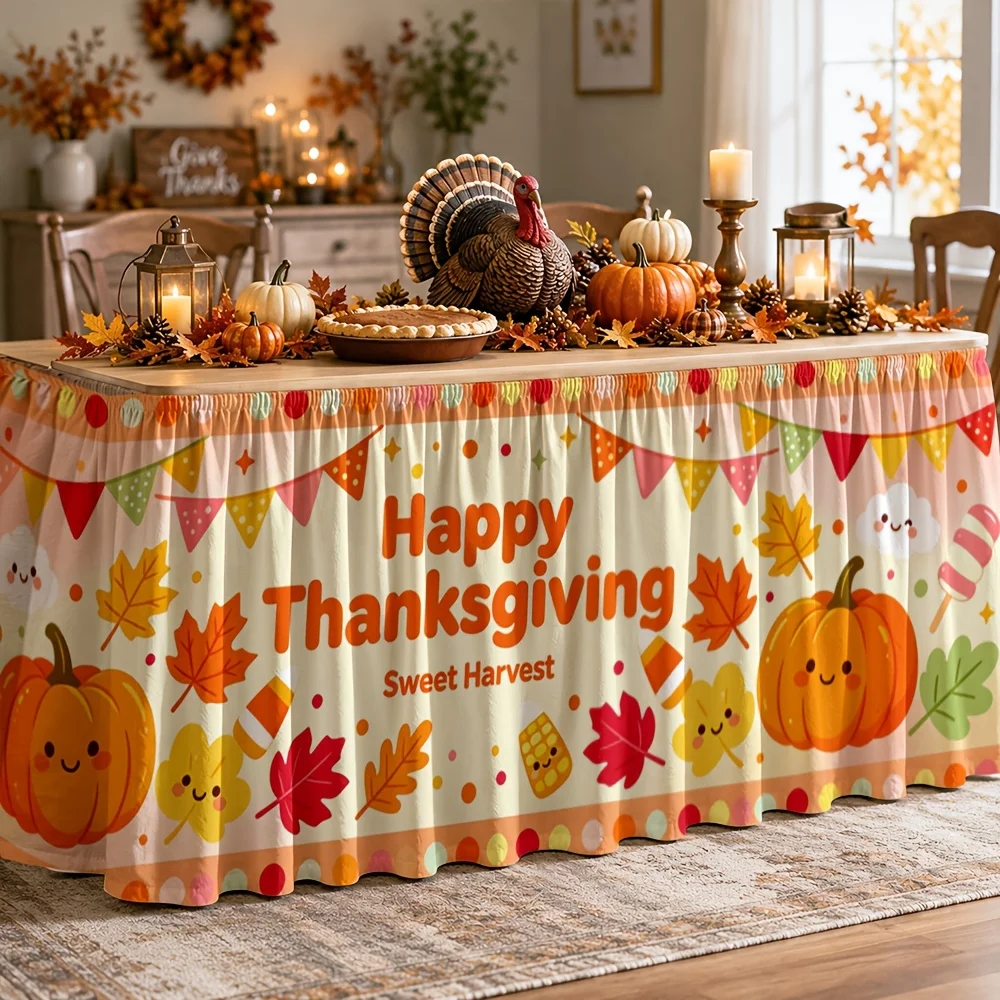 Autumn comfortable and warm, sweet and bountiful dinner table in the kitchen, dining room, buffet, team decoration tablecloth