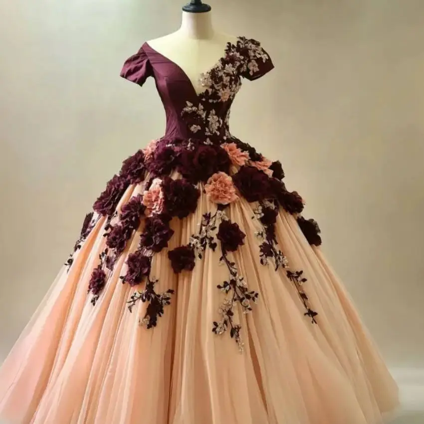 Gaun Pesta Bunga Antik Gaun Prom Gaun Topeng Victoria Lengan Pendek Leher-v Gaun Pesta Burgundy Kustom Panjang Selantai
