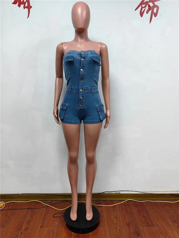 Summer Women Jeans Jumpsuit Off Shoulder 2024 Casual Elastic Denim Rompers Shorts Women