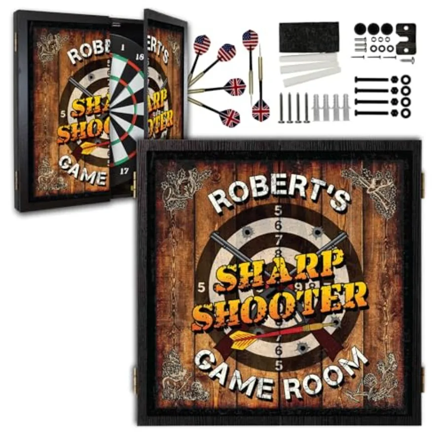 

Personalized Dart Board Cabinet Set with 6 Steel Tip Darts Paper Dartboard Chalk Eraser 21.5 x 21.5 x 2.75 in Man Cave Dart Boa
