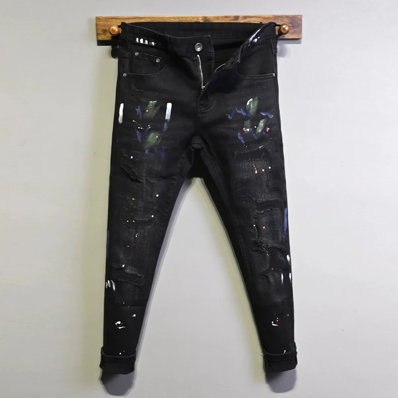 

Street Designer Fashion Men Jeans Retro Black Gray Stretch Slim Fit Painted Hole Ripped Jeans Men Hip Hop Vintage Denim Pants