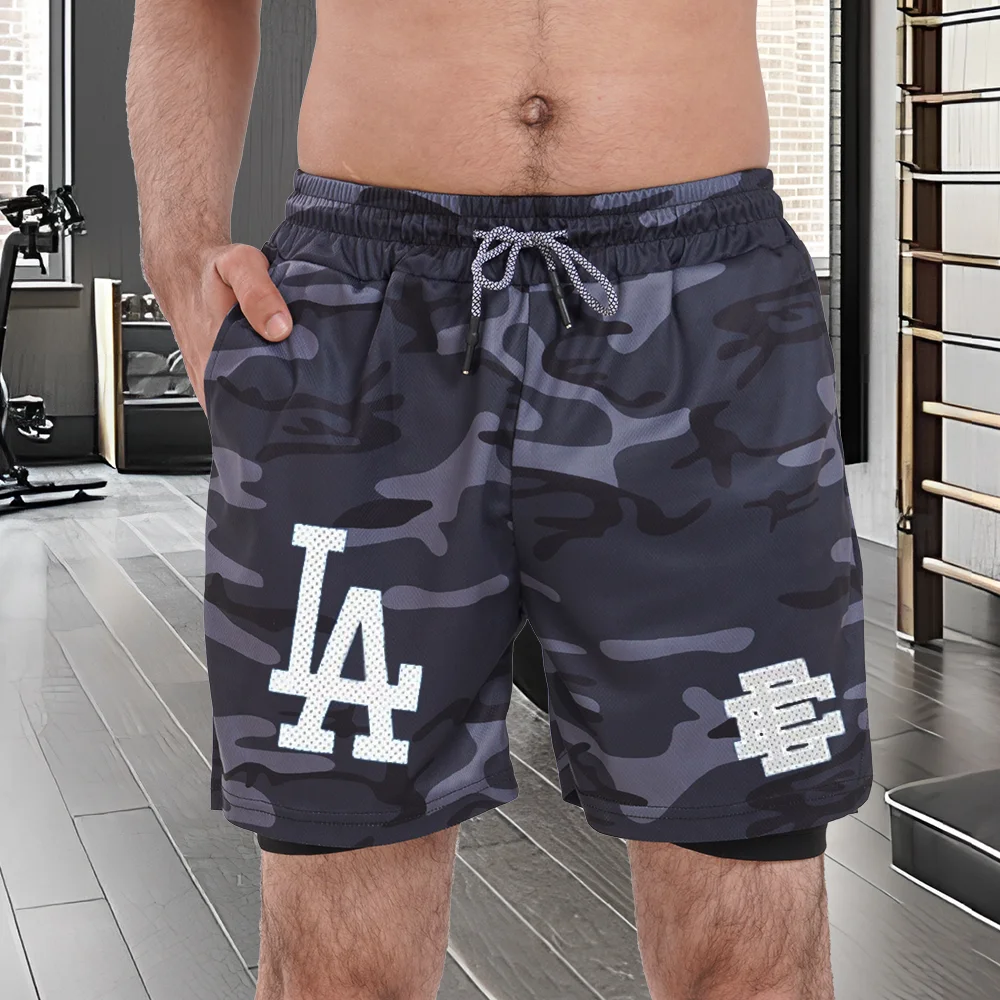 شورت LA-رجالي بطبقة مزدوجة يسمح بمرور الهواء، شورت رياضي سريع الجفاف، مناسب لتدريب الجري على الساق المستقيمة، اتجاه الصيف