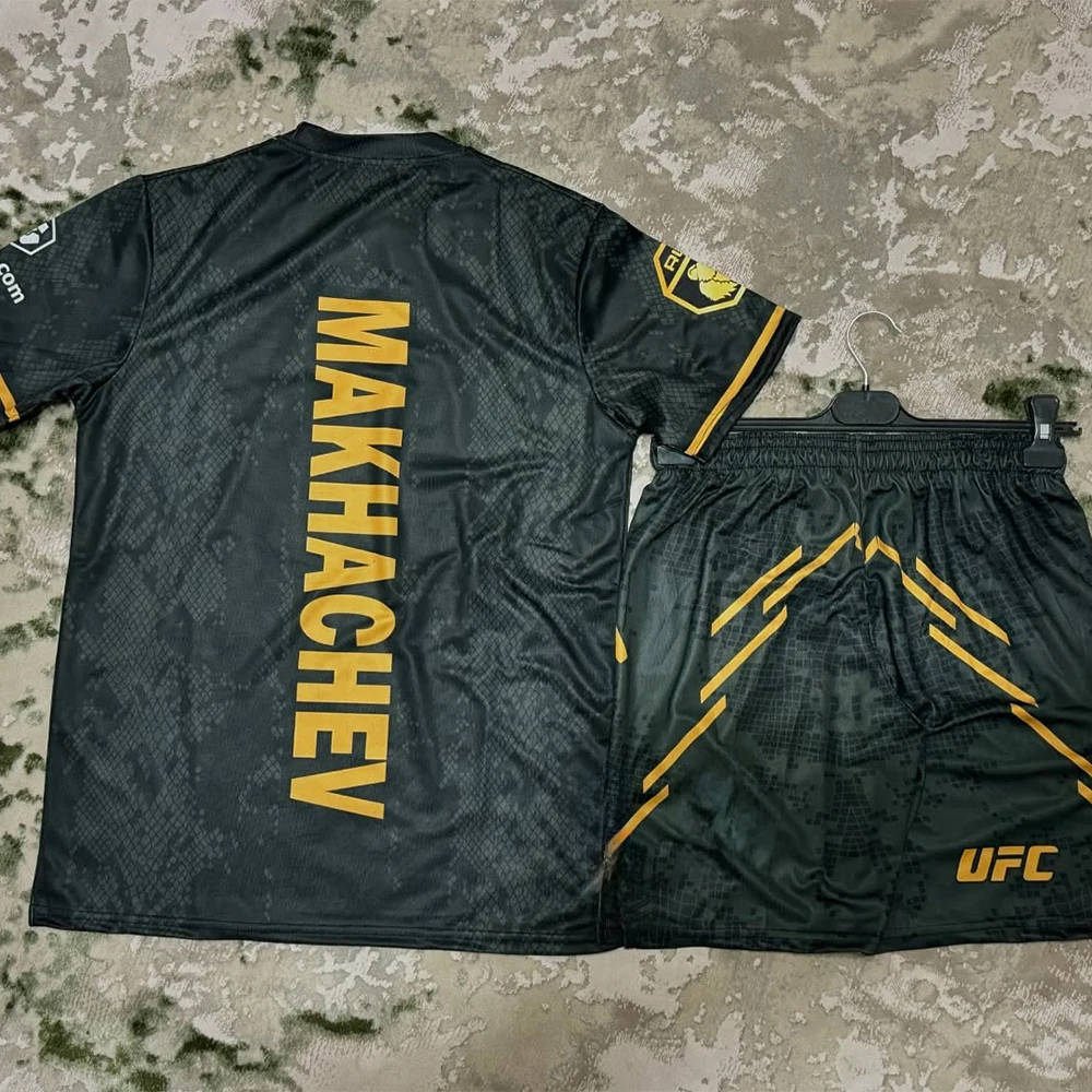 

UFC # 322 Fighting Night IslamMakhachev Boxing Set Men Black MMA Oversized Breathable Speed Drying Fighting Short Sleeve Shorts