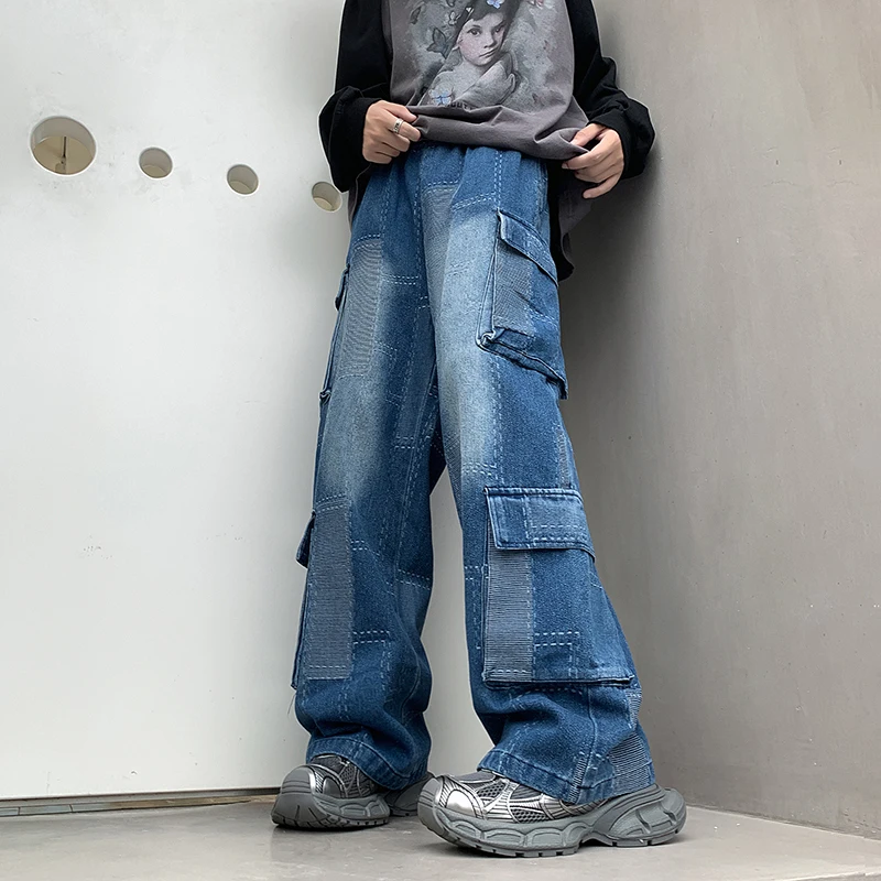 Vintage Patchwork Plaid Cargo Jeans Men Women Baggy Denim Trousers Streetwear Hip Hop Multi-Pockets Safari Style Casual
