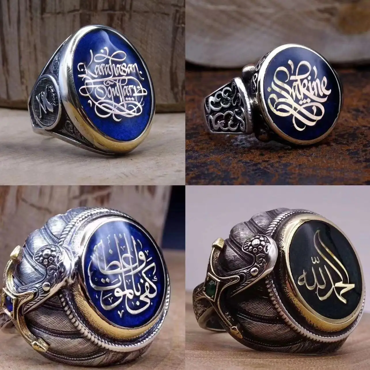 Vintage Arab Style Rings for Men Stainless Steel Ethnic Jewelry Inlay Gemstone Machete Koran Scripture Shaped Exotic Gifts