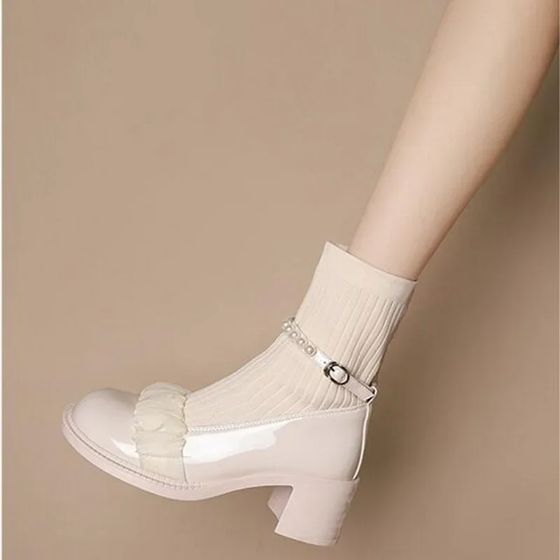 Fashion Women Socks Boots Pearl Lace Buckle Belt Slip-on Platform Ankle Boots Mary Jane Shoe Autumn Casual Thick High Heel Boots