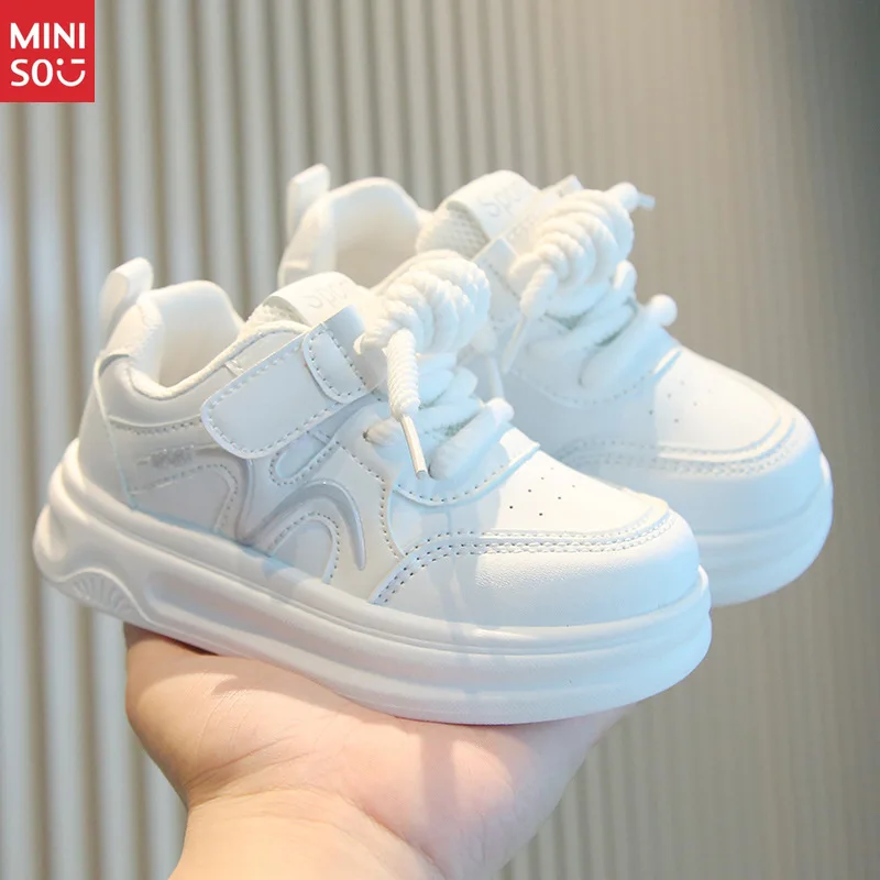 

Детские белые кроссовки Miniso 2025, легкая повседневная обувь для мальчиков и девочек, ходунки для малышей на мягкой подошве
