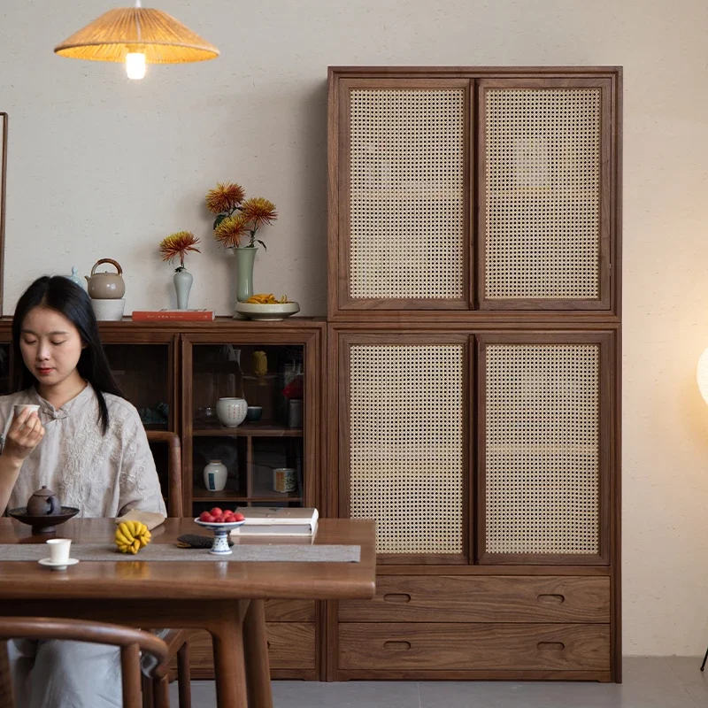 Nueva estantería china de nogal negro de madera Pu, armario de madera maciza, vitrina de pared entera de vidrio