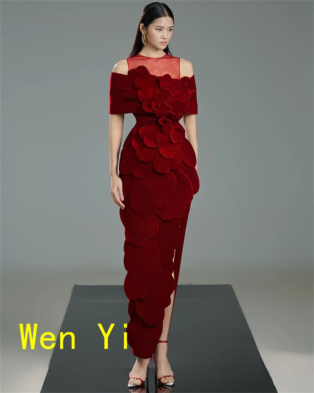 CustomizedCustomized Fashion  Burgundy Jersey Evening Dress Formal Crew Neck Off the Shoulder Mermaid Zipper Back Side Slit  Pro image 2