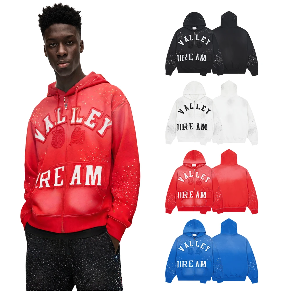 Vintage Streetwear Zip Up Hoodies with Rhinestones Hip Hop Street Style Cotton Retro Distressed Casual Letter Embroidery Hoodies