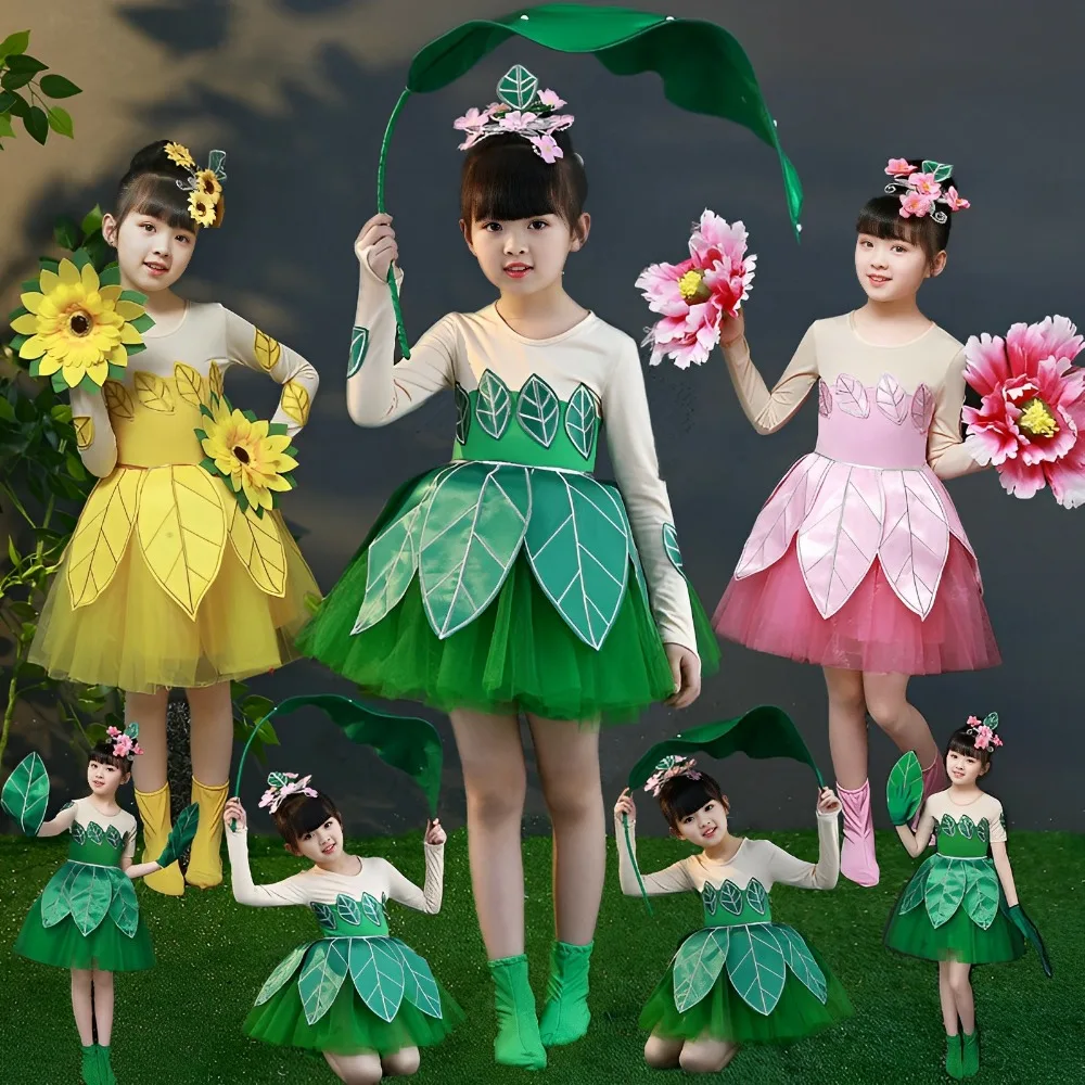 Children\'s Grass Cosplay Dance Costumes for Children\'s Day Grass Dress Girls Jasmine Green Costumes Sunflowers Puffy Gauze Skirt