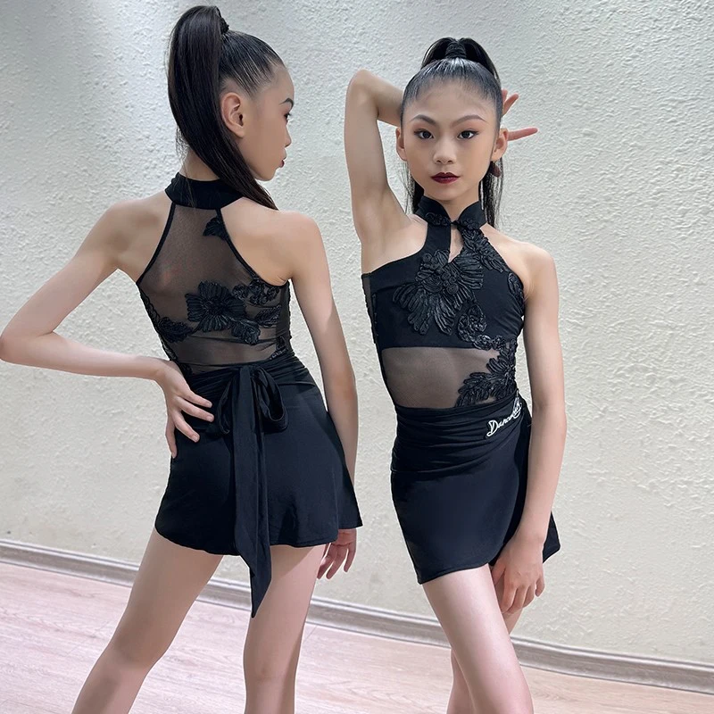 

New Children Latin Dance Practice Costume Girls Black Sling Sleeveless Split Set Samba Performance Wear Practice Clothes VBH563