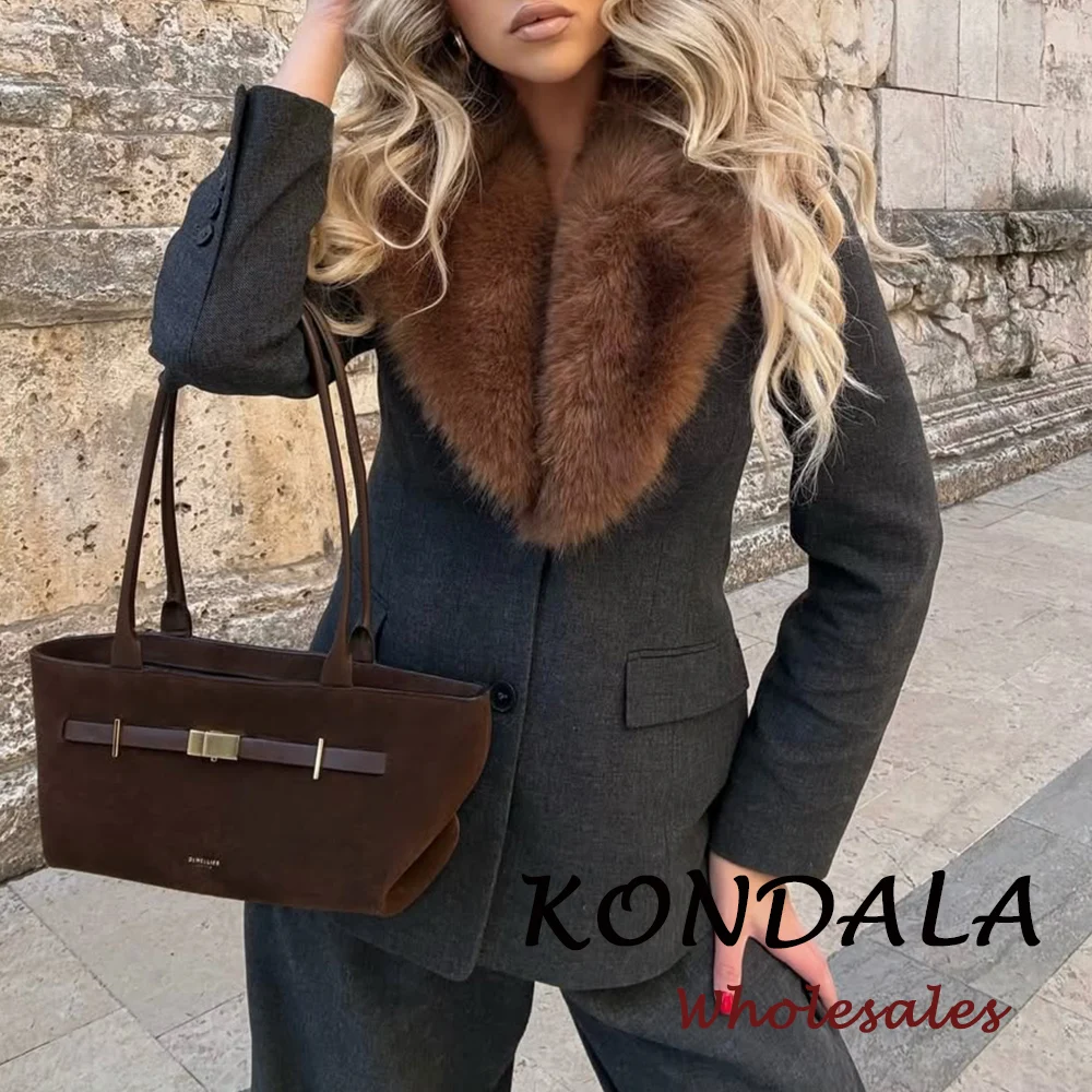 

KONDALA Vintage Faux Fur 2026 Office Lady Women Single Breasted Blazers Slim Coats Chic Solid Streetwear Female Elegant Jacket