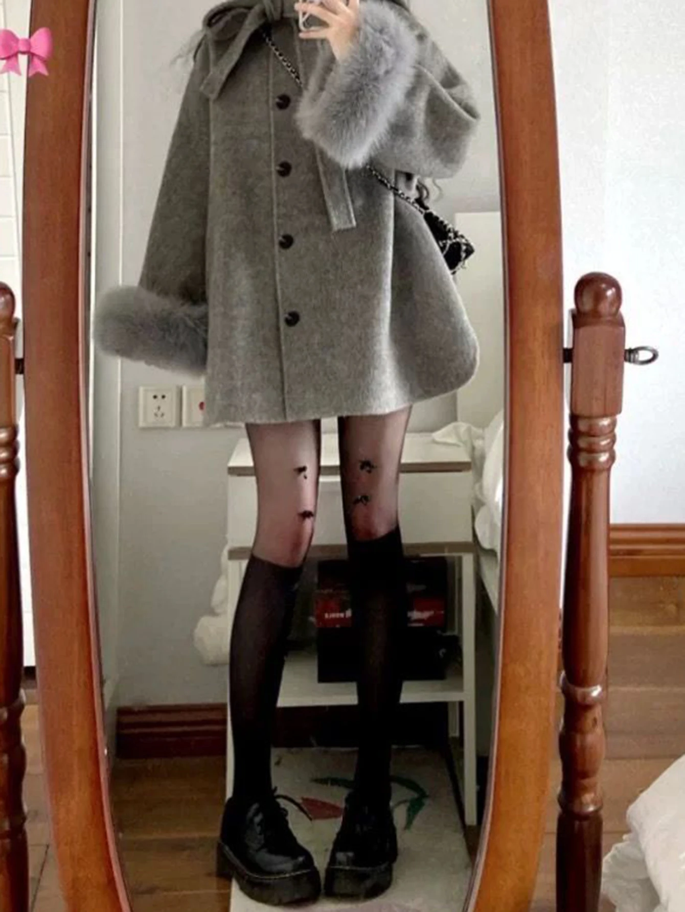 معطف صوفي رمادي على طراز Hebe للنساء لخريف وشتاء جديد متوسط الطول مع عقدة على شكل فيونكة ملابس خارجية صغيرة الحجم ودية #4