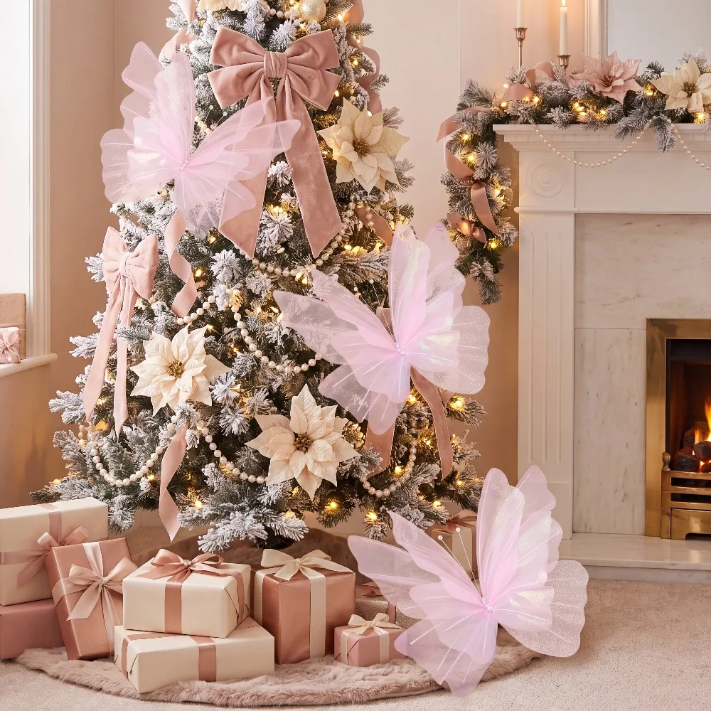 3 Stück große, hängende, rosa Schmetterlingsdekorationen für Weihnachten, Schmetterlinge aus seidenartigem Material mit Laserschimmer, Weihnachtsbaumdekoration – Detail 7