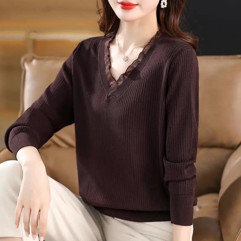 Lace Patchwork Long Sleeve Women\'s Clothing Pullover Long Sleeve V-Neck Sweater Knitted Screw Thread Flattering Trendy Tops