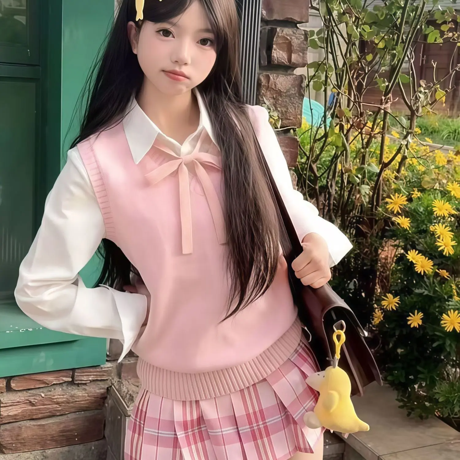 plus Size College JK Uniform Pink Vest Top Sweet Set Knitted Short Skirt Candy Plaid Skirt Casual Style Four Seasons Wear
