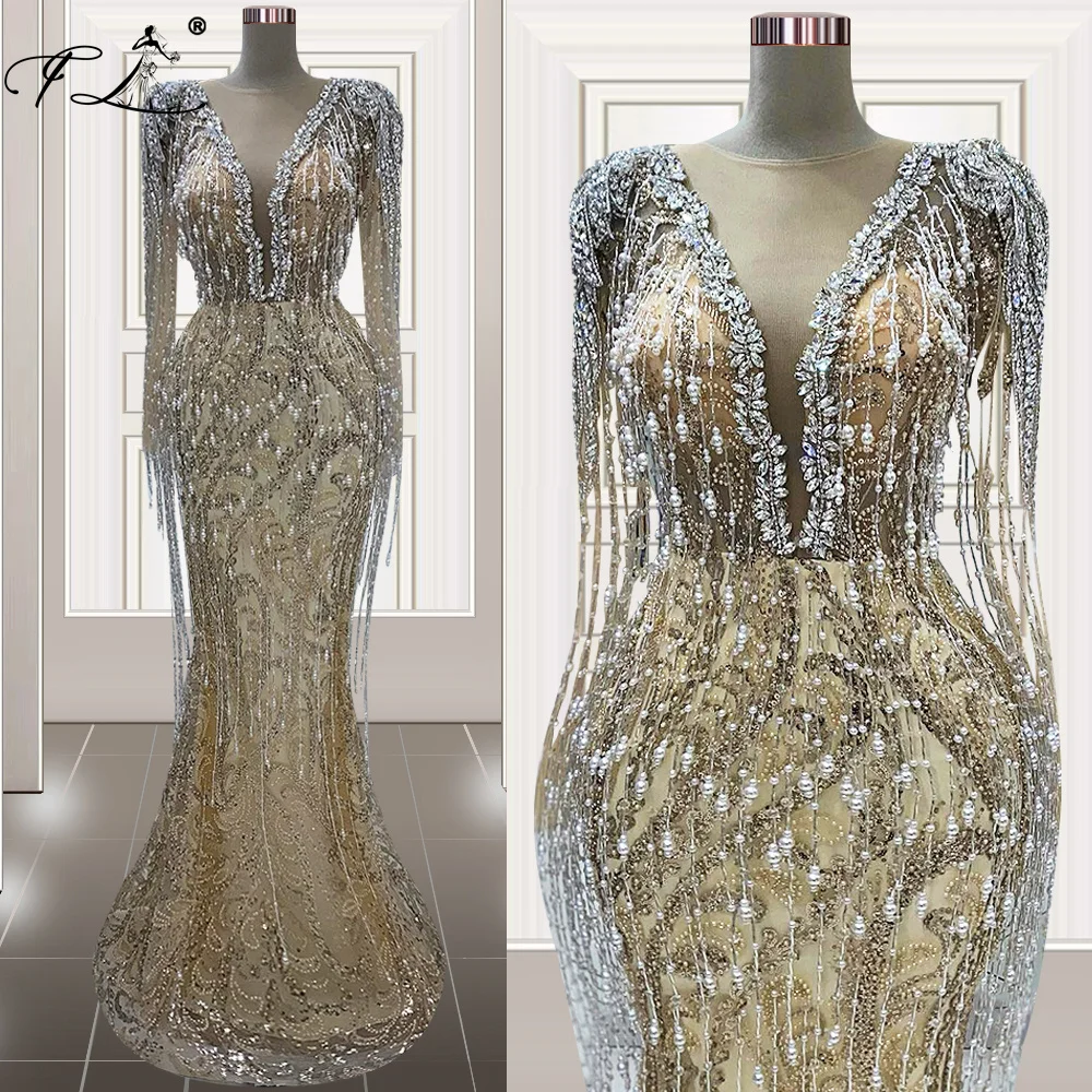 

Celebrity Dresses Full Beaded 2024 Dubai Arabic Long Sleeves Prom Evening Party Dresses with Tassels Vestidos Customized
