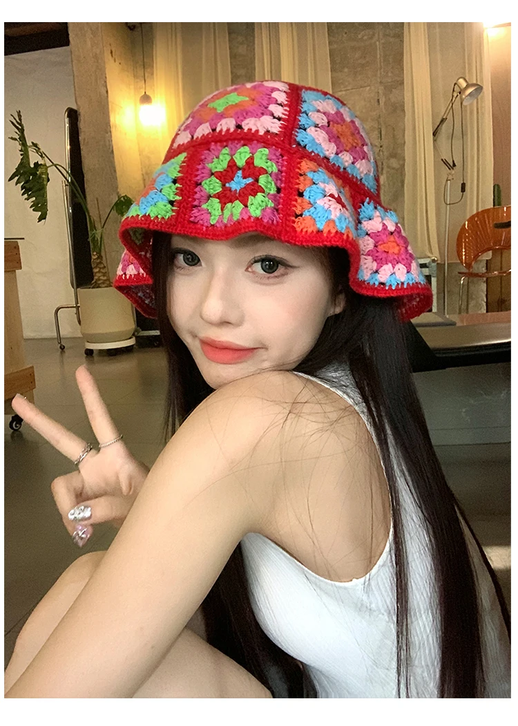 red crochet hat 2024 Fashion Colorful Woolen Hat Women\'s Autumn and Winter Cute Handmade Plush Hat Knitted Fisherman Bucket Hats