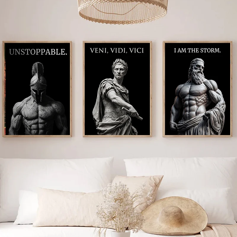 Greek Roman Warrior Motivational Quote Wall Art Poster Ancient Spartan Statue Canvas Print Home Office Gym Wall Decor Gift