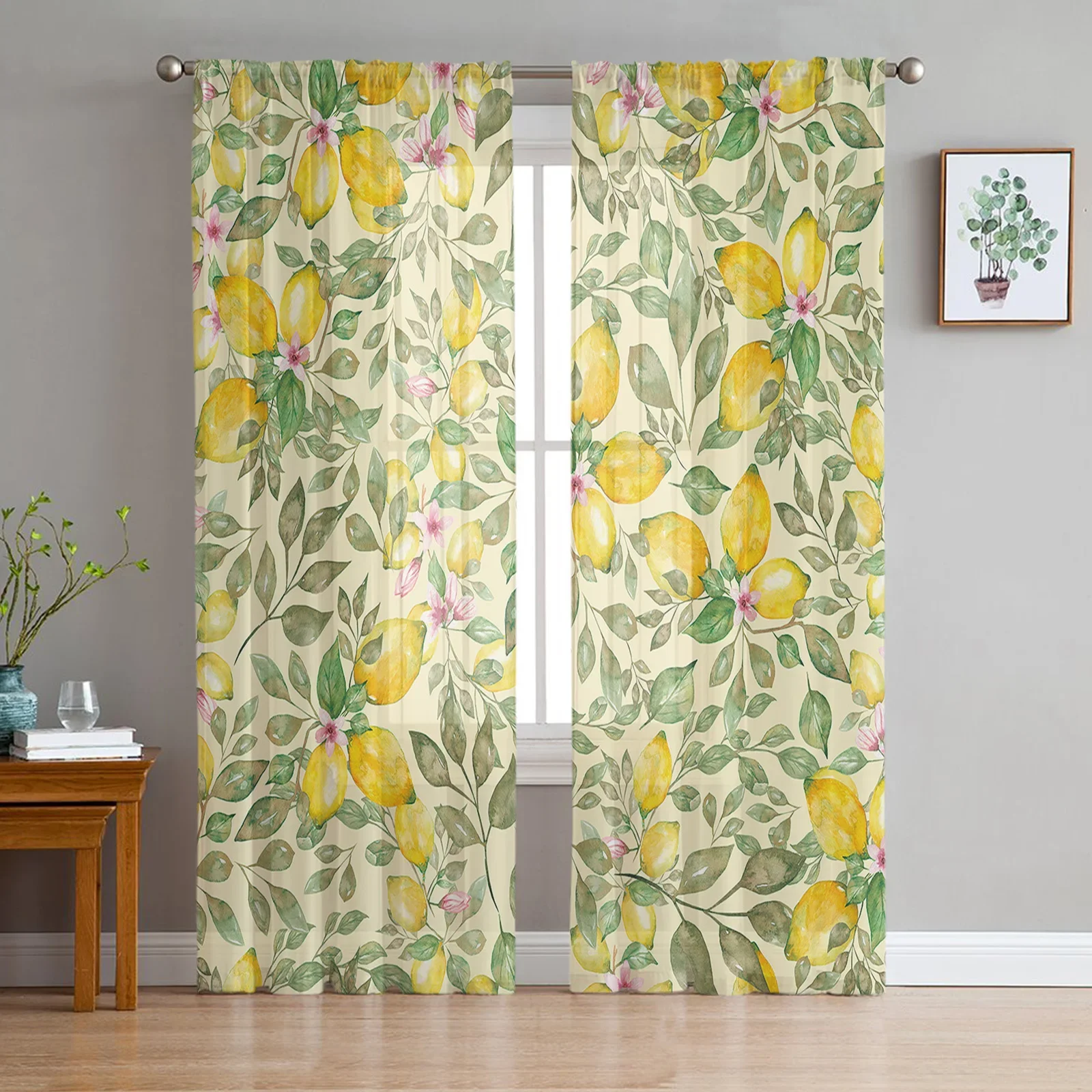 Obst Aquarell Zitrone Rosa Blume Gardinen für Wohnzimmer Dekoration Fenster Vorhang Küche Tüll Voile Organza Vorhänge