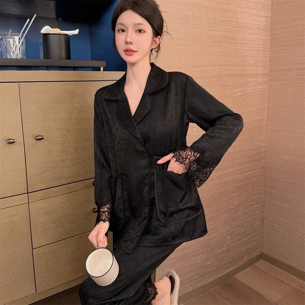 Spring Summer Ice Silk Jacquard Lace-up Cardigan Pants Pajamas Suit Women's Fashion Korean Lace Satin Sleepwear Loungewear Suit