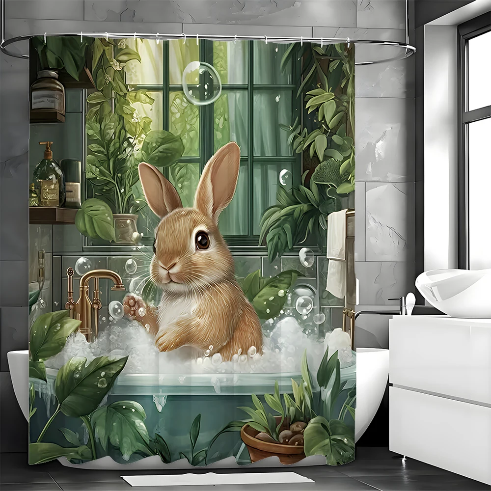 Cute Rabbit Cheerful Shower Curtain, Green Small Fresh Floral Spring Bubble Bathroom Decorative Shower Curtain