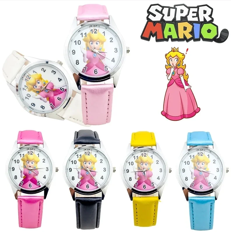Crianças Super Mario Character Quartz Watch, Princesa Peach Desenhos animados, eletrônicos, pedra fofa, moda, pulseira de couro PU, presente de aniversário infantil