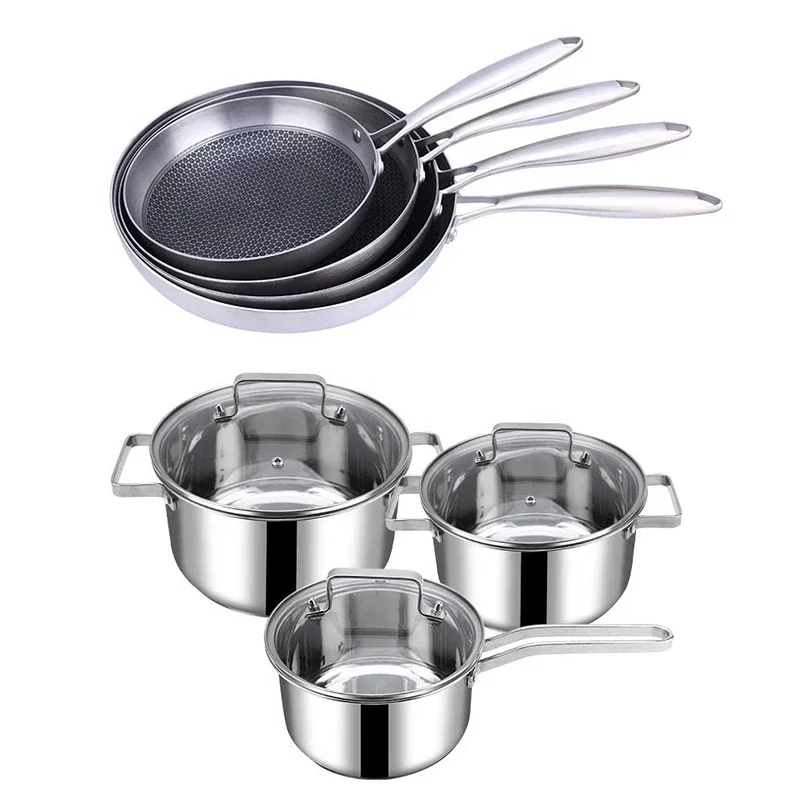 Custom quality kitchen 11pcs stainless steel nonstick honeycomb induction frying pan saucepan cookware cooking pots and pans set