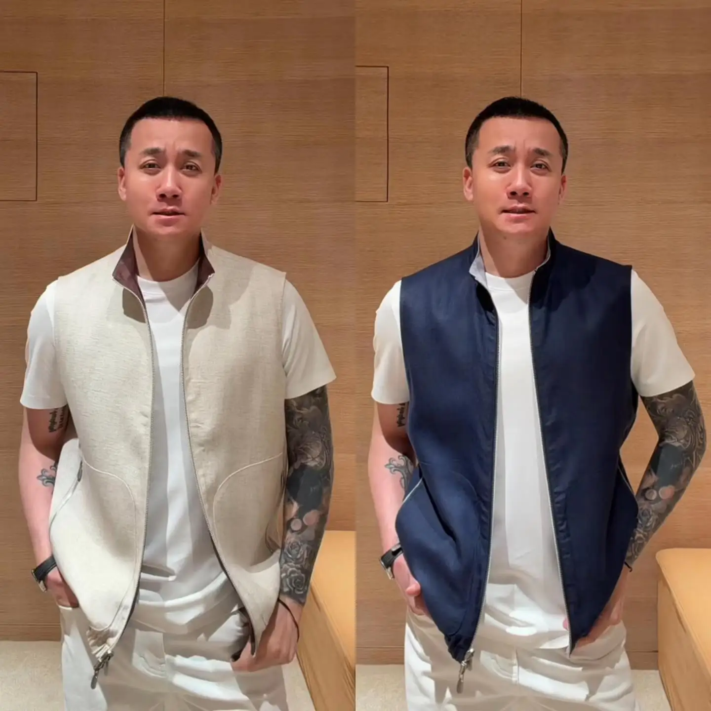 

Spring Business Casual Men's Loose Lazy Style Luxury Color Double-Sided Wear Zipper Stand Collar Vest Top